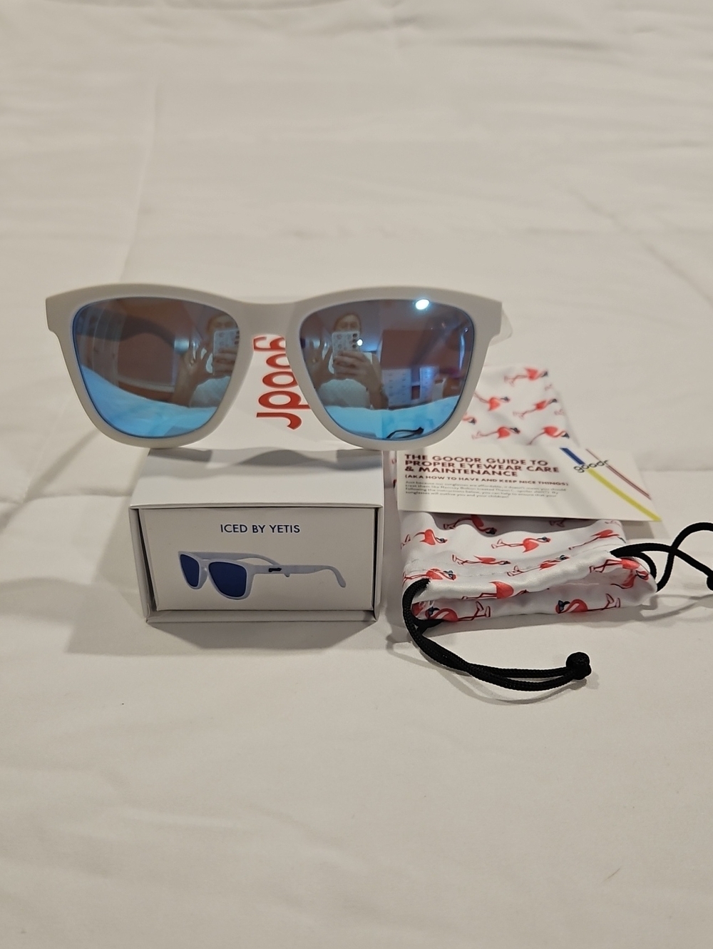 Goodr 'Iced By Yetis' White Frame Sunglasses with Blue Mirrored Lenses